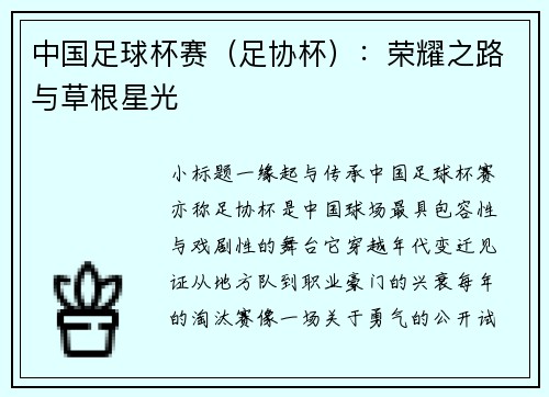 中国足球杯赛（足协杯）：荣耀之路与草根星光