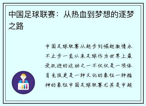 中国足球联赛：从热血到梦想的逐梦之路